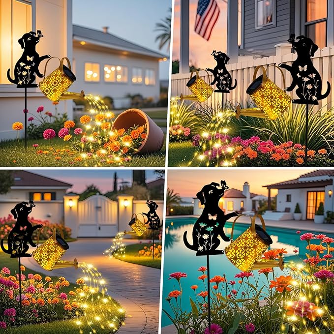 ZFNN Solar Garden Decor Lights, Outdoor Waterproof Solar Watering Can with Cascading Lights, Metal Dog Silhouette Stake Yard Art for Outside Lawn Patio, Unique Gardening Gifts for Women Mom