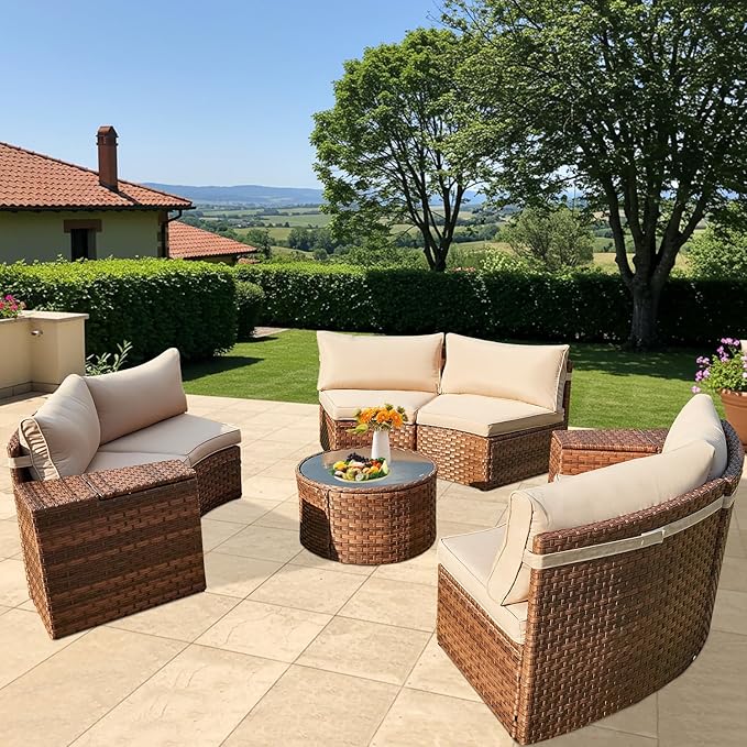 ECOTOUGE Large Half-Moon Outdoor Patio Furniture Set, 9 Piece Wicker Rattan Patio Sectional Furniture Sofa Set Conversation Set for Pool Backyard Balcony Garden(Beige/Brown)
