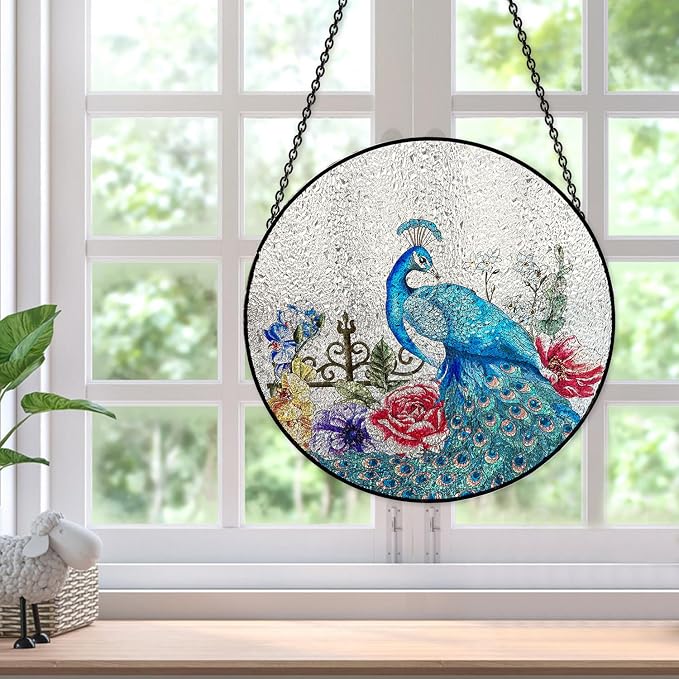 Stained Glass Window Hanging, Peacock Stained Glass Suncatcher Garden Hangings Christmas Mother's Day, Valentine's Day Ornaments Festival Gift 7.87 in