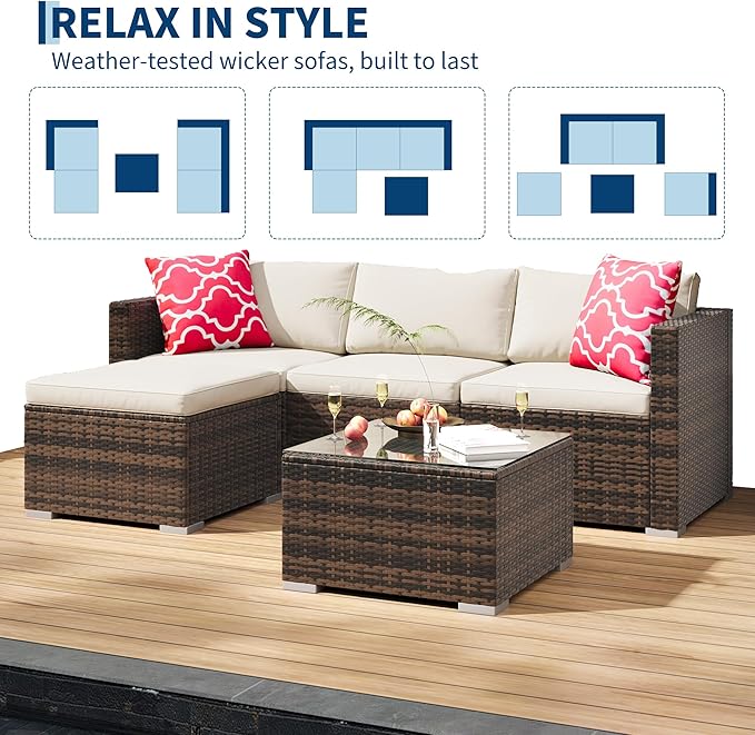 5-Piece Outdoor Sectional Sofa Set, All-Weather PE Rattan Patio Furniture with Ottoman & Tempered Glass Table, Convertible Garden Couch for Backyard, Porch, Poolside (Brown/Beige)