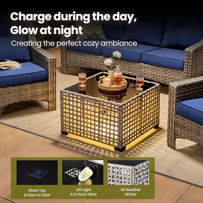 6 Piece Patio Furniture Set with Solar Lights Coffee Table, Outdoor Wicker High Back Sofa Chairs Ottomans with Cushions, All Weather Conversation Set for Backyard Porch Deck, Navy Blue