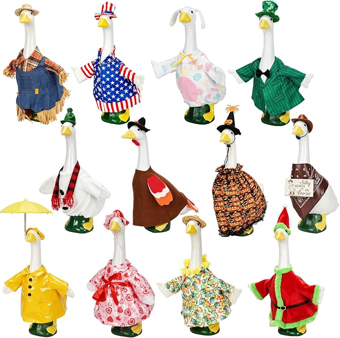 12 Pack Holiday Porch Goose Outfits forThanksgiving,Halloween,Christmas,Cowboy,4th of July,Valentine,St. Patrick's Day,Easter,Rainy Weather,All Seasons for Patio Yard Lawn Decor,Fits 23 Inch(No Goose)