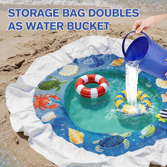 7.2x7.2 Ft Baby Beach Pool, Beach Pool for Toddler, 2 in 1 Kiddie Puddle Pool, Kids Beach Play Blanket with Water Bucket, Large Beach Puddle for Seaside & Outdoor Camping Vacation