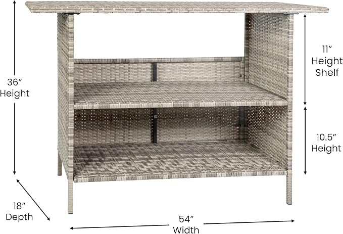Flash Furniture Marco Indoor/Outdoor Patio Bar Counter Table, All-Weather Wicker Rattan Pattern, 2 Shelves, Gray