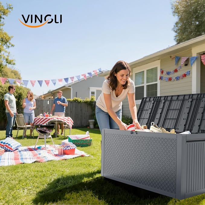 VINGLI 90 Gallon Outdoor Storage Box, Lockable Plastic Storage Containers with Lid, Patio Deck Box Furniture for Garden, Pool, Balcony, Yard (Gray)