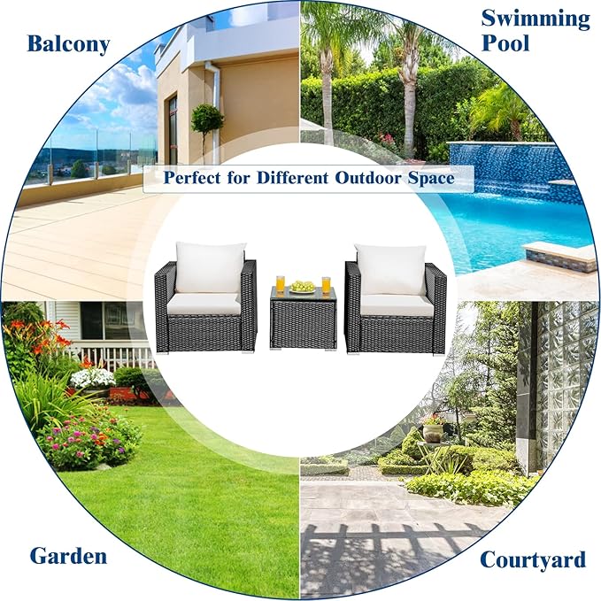 3 Pieces Patio Conversation Set Outdoor Rattan Wicker Furniture Set with Water-Resistant Cushion & Tempered Glass Tabletop, Wicker Chair for Porch, Balcony, Backyard(Beige)