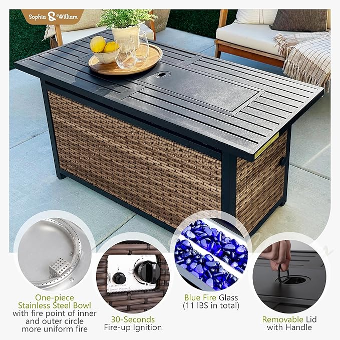 Sophia & William Patio Furniture Set with 56" Fire Pit Table & Swivel Chairs, 10 Piece Outdoor Sectional Furniture Wicker Modular Sofa Couch, Conversation Set for Deck Backyard Lawn, Beige