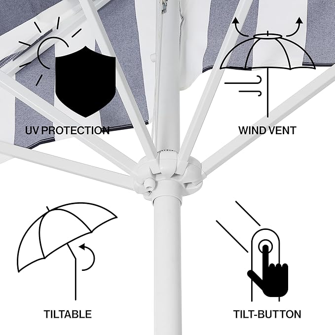 JONATHAN Y Beverly 9 ft. Coastal Navy and White Striped Half Patio Umbrella with Scalloped Fringe, Crank Lift, and Manual Tilt for Balcony, White Pole UMB1201I