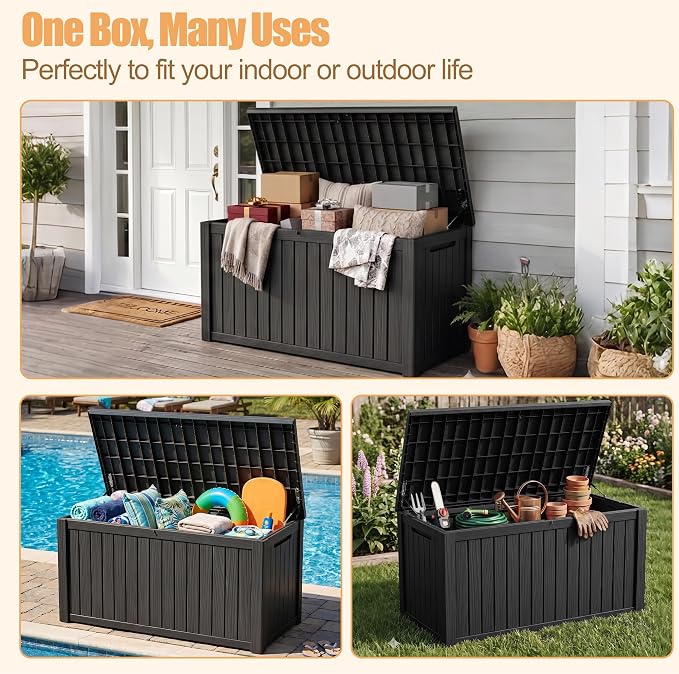 230 Gallon Outdoor Storage Box, Large Resin Deck Box, Waterproof Lockable Storage Container Bins, Reinforced Stability for Patio, Garden and Poolside, Black