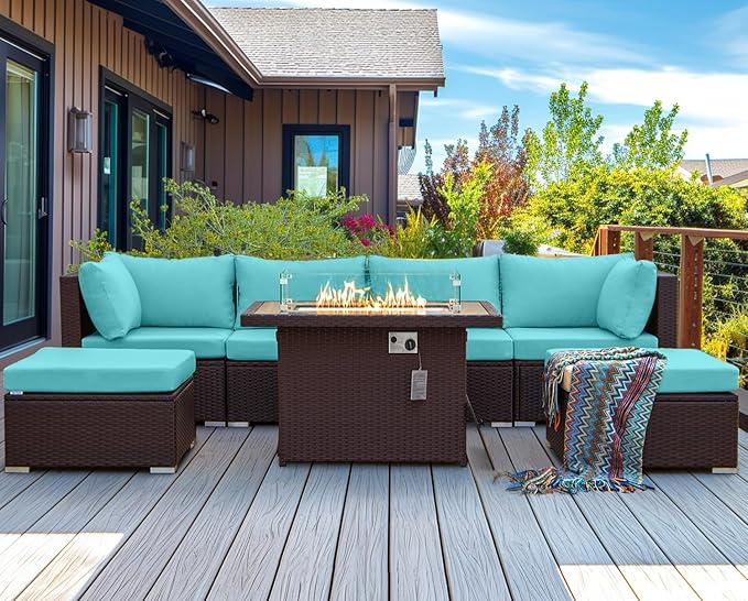 NICESOUL 7 Piece Patio Furniture Set with Natural Gas/Propane Firepit, 29.3'' High Back Comfy Outdoor Conversation Sofa Sets, Deep Seat Sectional Couch for Heavy Weight, Brown Rattan and Teal Cushion