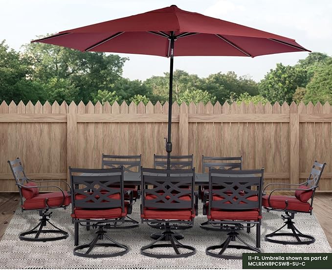 Hanover Montclair 11' Market Outdoor Umbrella, All-Weather, Crank Lever Chili Red