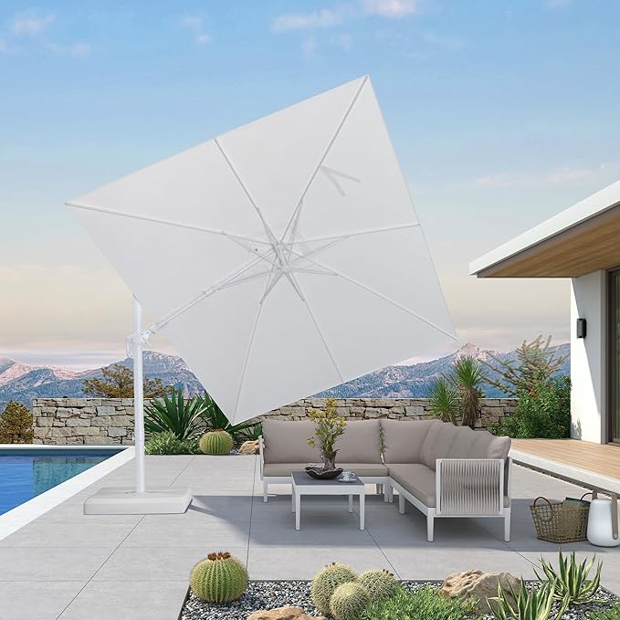 PURPLE LEAF 9' X 12' Right-left Tilt White Cantilever Umbrella with Base Patio Outdoor Swivel Umbrellas with Aluminum Tilt Offset Umbrella with 360° Rotation for Deck Pool, White