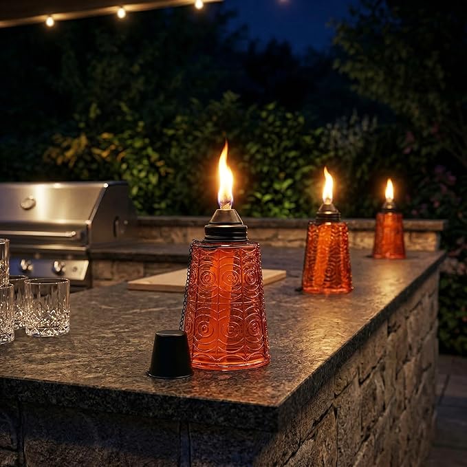Seraphic Citronella Table Top Torches for Outdoor Patio, 16oz Decorative Glass Torch Citronella Candles for Outside Deck, Garden, Parties, Set of 3, Amber
