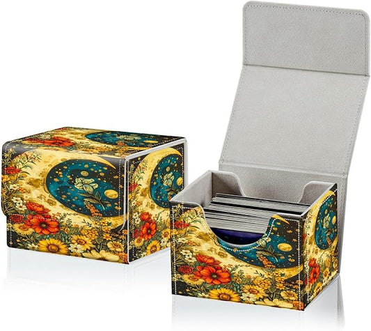 Card Deck Box for MTG, Cards Storage Box Fits 120+ Sleeved, Leather Small Size Strong Magnetic Closing Card Case for Board Games Magic TCG CCG Baseball Collection, Flower Big Moon
