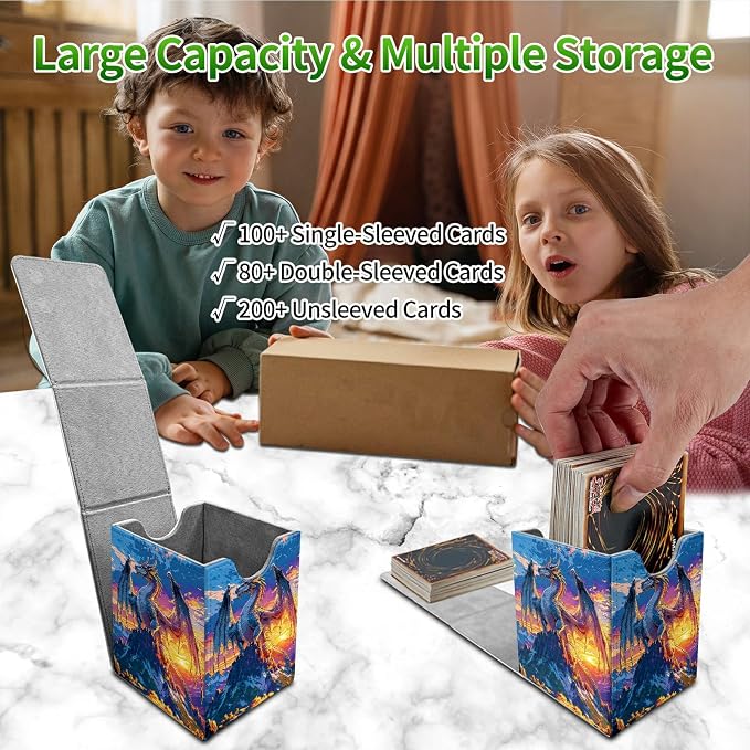 Mountain Sunset Dragon Card Deck Box for MTG, Personalized Card Storage Case Fits 120+ Sleeved Cards, Premium Leather TCG Box with Strong Magnetic Closure for Magic, PTCG, Baseball Cards