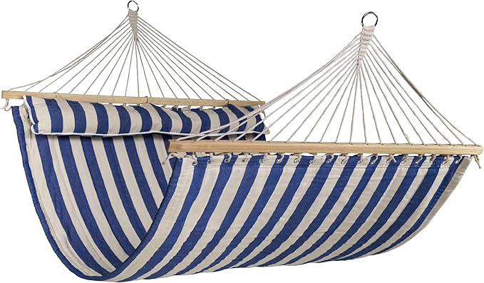 Striped Quilted Two Person Double Hammock with Pillow - 9' x 55" - Blue and Cream