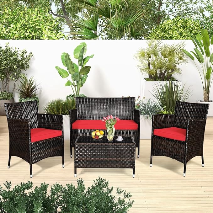 GLACER 4 Pieces Rattan Conversation Set - Patio Furniture Set W/High-Elasticity Cushion & Tempered Glass Center Coffee Table, Outdoor Wicker Sofa Chair Set for Garden, Porch, Poolside & Backyard