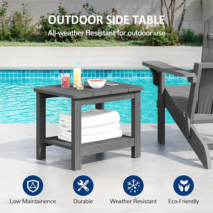 18" Outdoor Side Table, 2-Tier Patio Side Table, Weather Resistant, Easy Assembled, HIPS Adirondack Side Table for Backyard, Pool, Indoor (Gray)