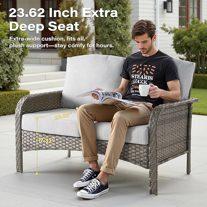 7 Pieces Patio Conversation Sets,Patio Furniture Set with Swivel Rocking Chairs,Coffee Table, Side Table, All Weather Rattan Wicker Outdoor Sectional Furniture Set for Porch Balcony Backyard Gray