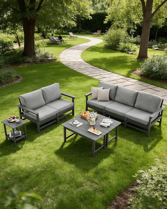 HDPE Outdoor Patio Furniture Set with Cushions, 8 Piece Patio Conversation Set Sofa Set,All Weather Outdoor Couch Set with Coffee Table for Lawn, Garden, Deck