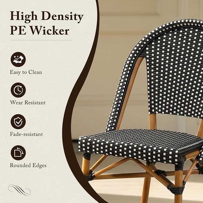 PURPLE LEAF 3-Piece French Bistro Dining Set Round Outdoor Patio Table and 2 Armless Chairs Tempered Glass Top PE Rattan Bamboo Print Finish Aluminum Frame Black