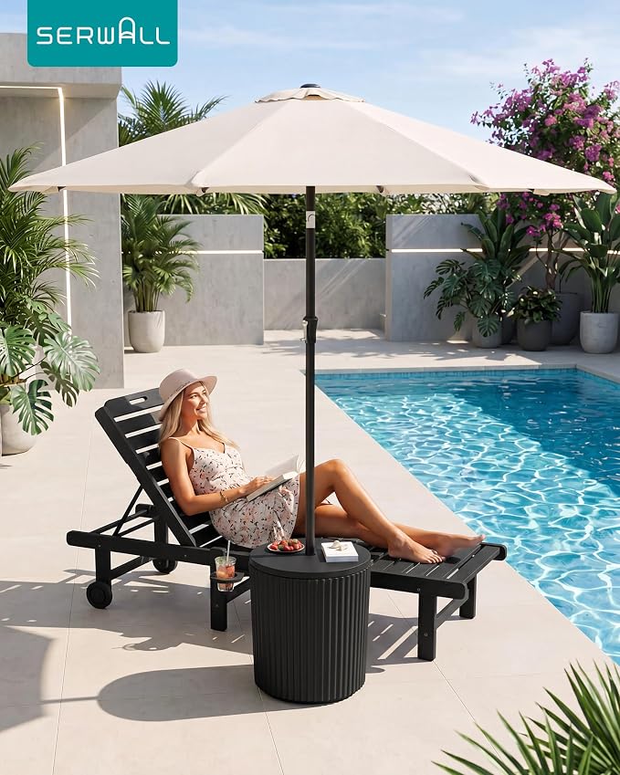 SERWALL Outdoor Round Umbrella Side Table, Outdoor Patio Table with Umbrella Hole for Porch/Patio/Poolside, 3-in-1 Multi-Functional Use, Black