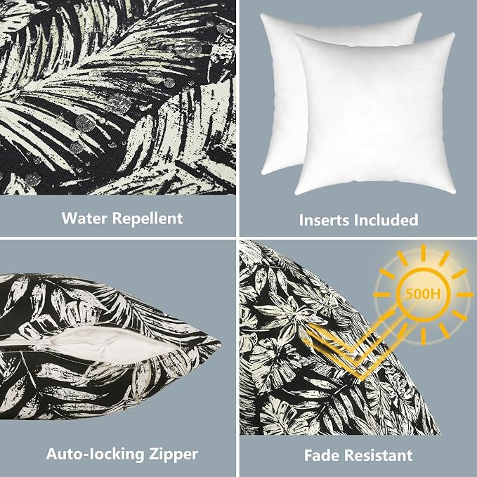 LVTXIII 2 Pack Outdoor Pillows 18x18 Inch, Square Throw Pillows with Inserts, Decorative Water-Repellent Pillow Cushions for Patio Furniture and Garden Sofa, Tropical Leaf Black
