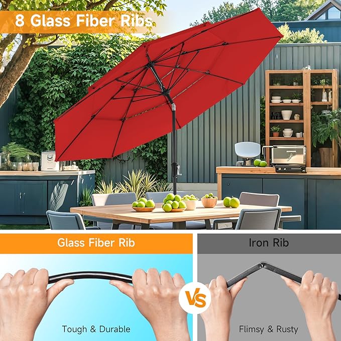 ONBRILL 10 FT Patio Umbrella, 3 Tier Outdoor Table Umbrella with 8 Sturdy Glass Fiber Ribs and Push Button Tilt, Outdoor Patio Umbrellas for Market Pool Garden Backyard, 1.5" Pole, Red (No Base)