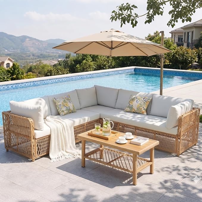 ABCASA Patio Sectional Furniture Set with Waterproof Cover, Oversized Wicker Outdoor Furniture Set w/Water-Resistant Fabric & Thick Cushions, L Shaped Patio Conversation Set for Poolside Yard,Beige