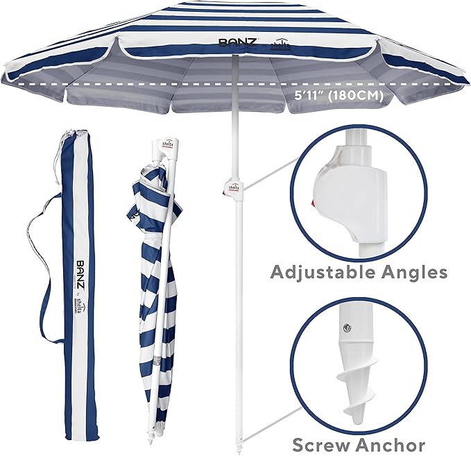 BANZ Cabana Beach Umbrella UPF 50 - UV Protection Foil-Lined Portable Outdoor Umbrella for Sand with Screw-in Base & Tilt Pole - Lightweight Beach Shade & Patio Umbrella with Bag