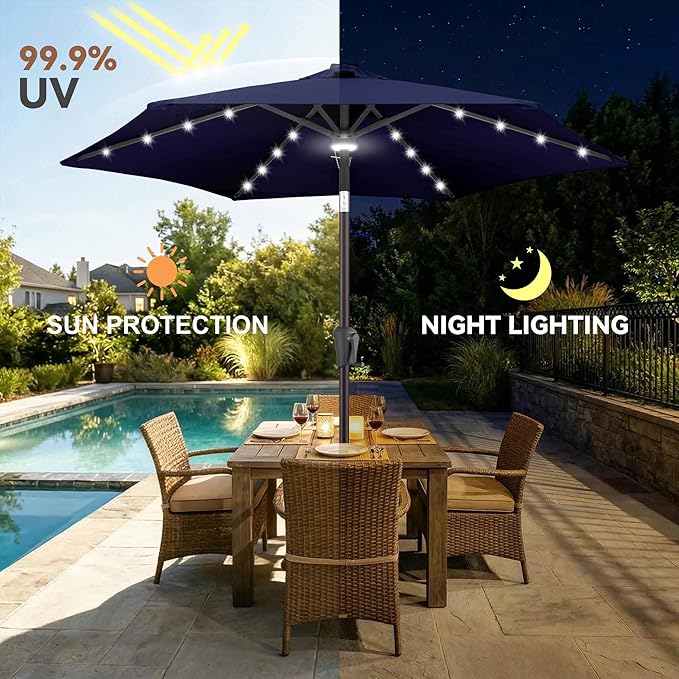Jarka&Co 7.5ft Solar Patio Umbrella - Lighted Solar Outdoor Umbrella with 24 LED Lights Waterprool UV Protection, Market Table Umbrella with Tilt for Backyard, Garden, Pool, Porch (Navy Blue)