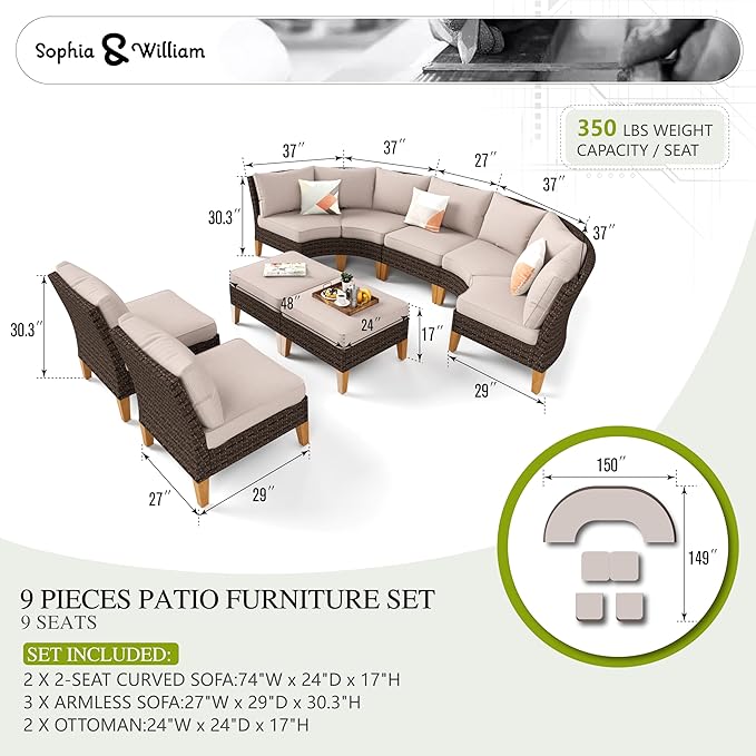 Sophia & William Outdoor Wicker Sectional Sofa Set, Half Moon Curved Patio Furniture Set with Ottman, High Back Rattan Patio Conversation Set for Outside, Porch, Pool(Beige, 9 Piece)