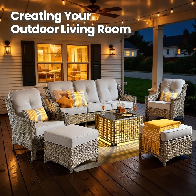 6 Piece Patio Furniture Set with Solar Lights Coffee Table, Outdoor Wicker High Back Sofa Chairs Ottomans with Cushions, All Weather Conversation Set for Backyard Porch Deck, Grey