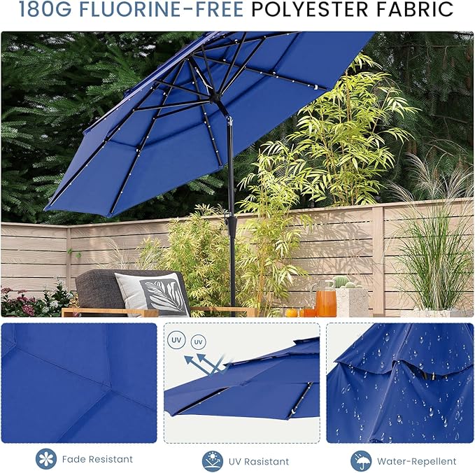DUMOS LED Outdoor Patio Umbrella 10 FT UV-Resistant Market Umbrella with Tilt Adjustment & Crank Lift, All-Weather Shade for Backyard, Deck, Garden, Beach
