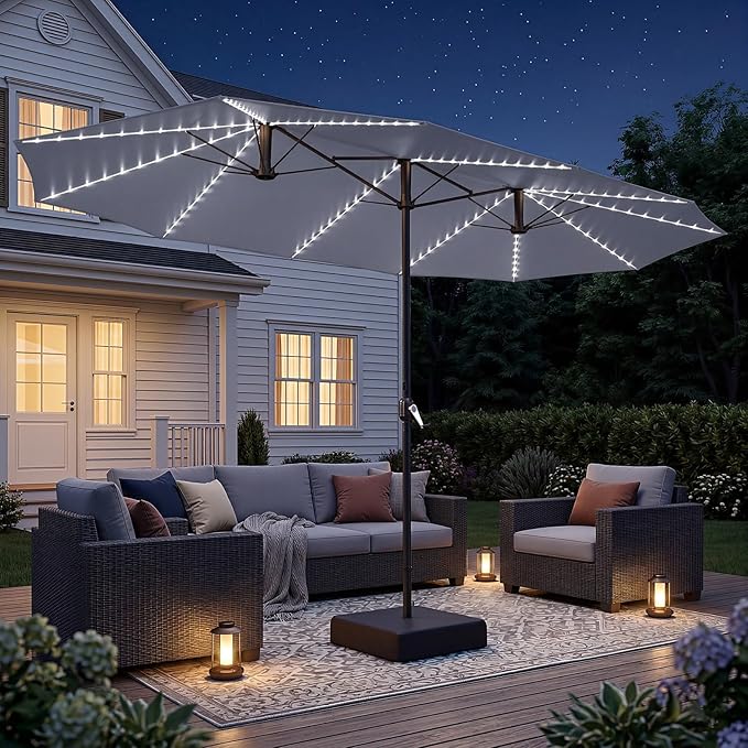 AECOJOY 15ft Double-Sided Patio Umbrella with Solar Lights, Outdoor Rectangle Market Large Patio Umbrella with Base Include|Crank Handle|156 PCS LED Lights for Garden Deck Pool in Grey(1.9" Pole)