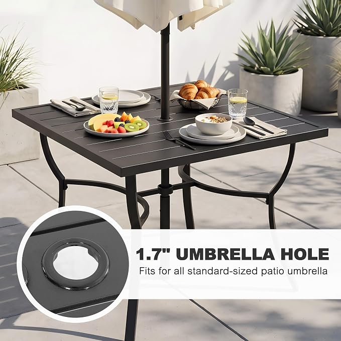 NUU GARDEN 5-Piece Patio Dining Set, 4 Woven Rope Chairs with Beige Cushions, Square Table with Slatted Tabletop and Umbrella Hole, Patio Table and Chair Set for Garden and Poolside, Black
