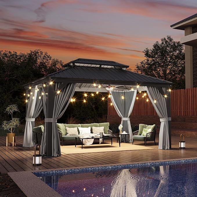 Aoxun 10' X 14' Hardtop Gazebo with Drainage System, Aluminum Outdoor Gazebo with Galvanized Steel Double Roof, Patio Permanent Metal Pavilion with Netting, for Garden, Deck, Pool, Grey