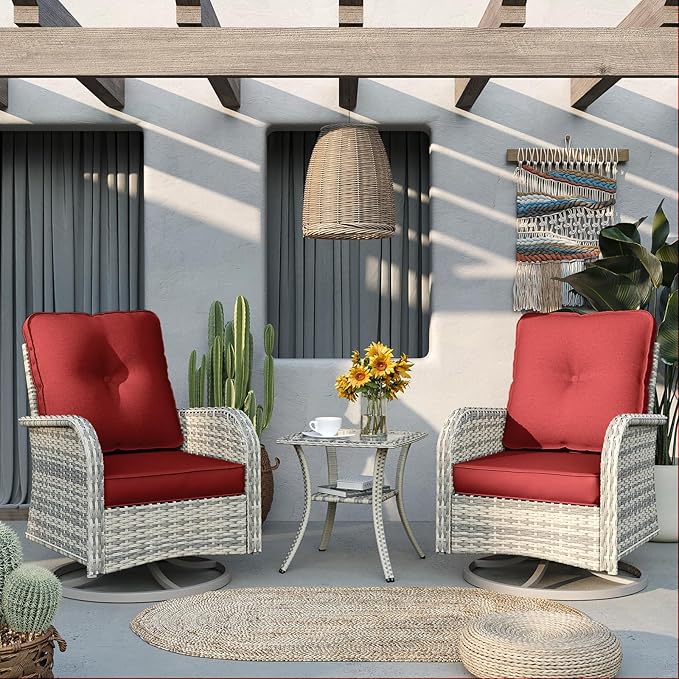 Outdoor Patio Furniture Set Patio Rocking Swivel Chair with Tempered Glass Side Table, Outdoor Wicker Rattan Bistro Set with Ottomans for Garden, Deck, and Balcony, Red