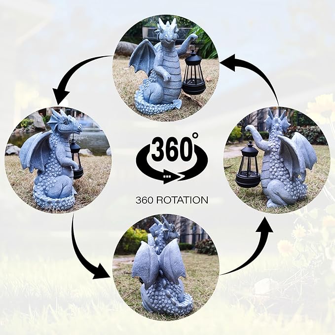 Solar Garden Decor Dragon Statues with Solar Lantern,Dragon Figurine Lights Outdoor Decorations for Yard Lawn Patio Balcony Whimsical Art Outside,Unique Housewarming Gift for Mom Grandma Women