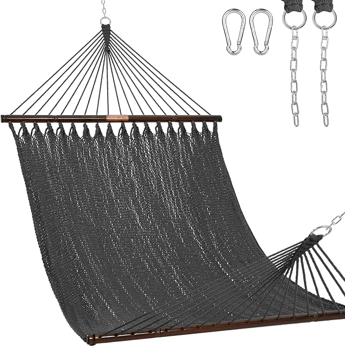 Lazy Daze Hammocks 10.5 FT Double 2 Person Caribbean Rope Hammock, Hand Woven Polyester Hammock with Spreader Bars, for Outside Outdoor Backyard Patio Poolside, 450 LBS Capacity, Gray