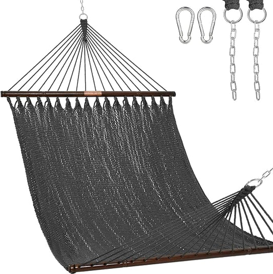 Lazy Daze Hammocks 10.5 FT Double 2 Person Caribbean Rope Hammock, Hand Woven Polyester Hammock with Spreader Bars, for Outside Outdoor Backyard Patio Poolside, 450 LBS Capacity, Gray