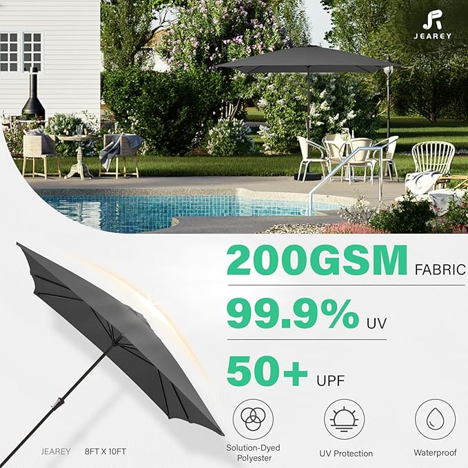 JEAREY 8x10 ft Rectangular Patio Umbrellas Outdoor Table Market Umbrella w/Crank, 8 Sturdy Ribs, UV Protection Windproof Sunproof for Garden, Deck, Backyard, Pool(Gray)
