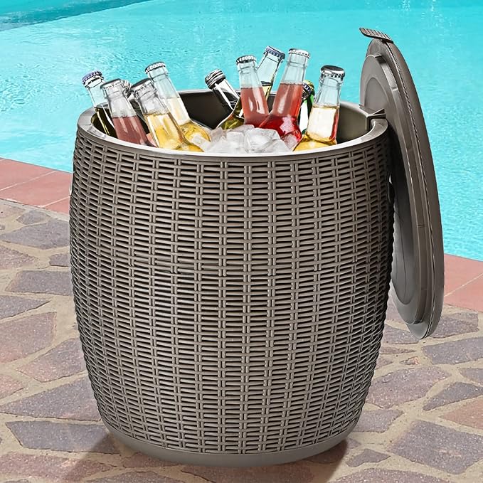 Tangkula 9.5 Gal Cooler Bar Table, Patio Wicker Ice Cool Bar Table, Outdoor Rattan Bar Table with Ice Bucket, Ice Bucket with Side Handles & Lid, Beer & Wine Cooler for Party, Poolside, Deck, Yard