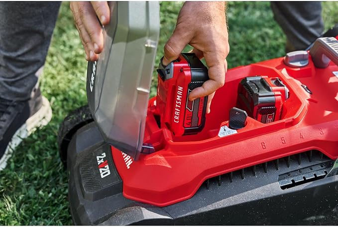 CRAFTSMAN Push Mower 15 in, 2 x 4 Ah V20 Batteries and 2 Chargers Included, Up to 45 Min of Runtime, Lightweight, Easy to Maneuver Electric Lawn Mower Cordless with Grass Bag (CMCMWP120M2)