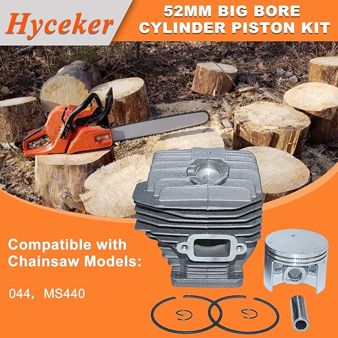MS440 044 Cylinder Piston Kit for Stihl 044 MS 440 Magnum Chainsaw Parts, 52mm Big Bore Top End Rebuild Pop Up Kit with Gasket Set For Stihl 044 MS440 Chain Saw (12mm Piston Pin) 1128 020 1227