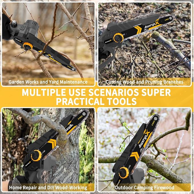 AwxryoX 8" & 6" Mini Chainsaw Brushless, 2026 Upgraded 2x4.0AH Battery Portable Handheld Small Cordless Saw with 4 x Guide Plate, Electric Hand Saw Motosierra for Wood/Tree Cutting Gardening Pruning