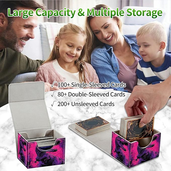 Card Deck Box for MTG, Cards Storage Box Fits 120+ Sleeved, Leather Small Size Strong Magnetic Closing Card Case for Board Games Magic TCG CCG Baseball Collection, Pink Dinosaur