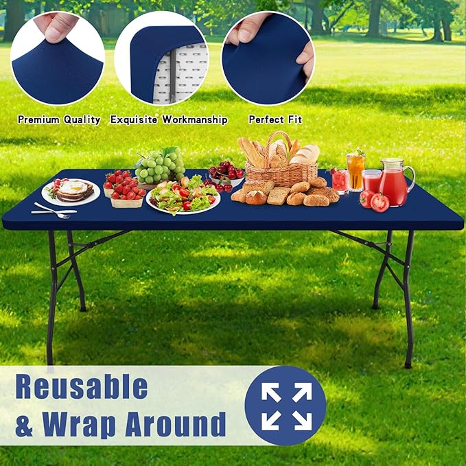 Moosfor Spandex 6 Foot Rectangle Table Cloth 2 Pack, Elastic Fitted Tablecloths for Picnic, Stretch Washable Patio Table Cover for Outdoor, Camping, Banquet and Parties (Navy, 18"x72")