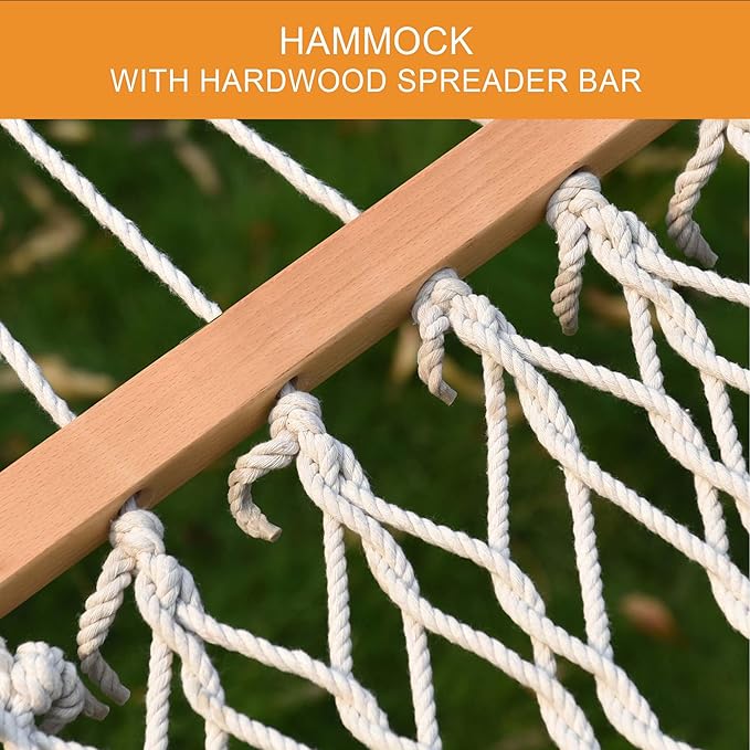 Lazy Daze Hammocks 12 FT Double Rope Hammock and 13 FT Natural Wood Arc Stand, 2 Person Hand Woven Cotton Hammock with Spreader Bar for Outdoor Patio Poolside, 450 lbs Capacity, Natural