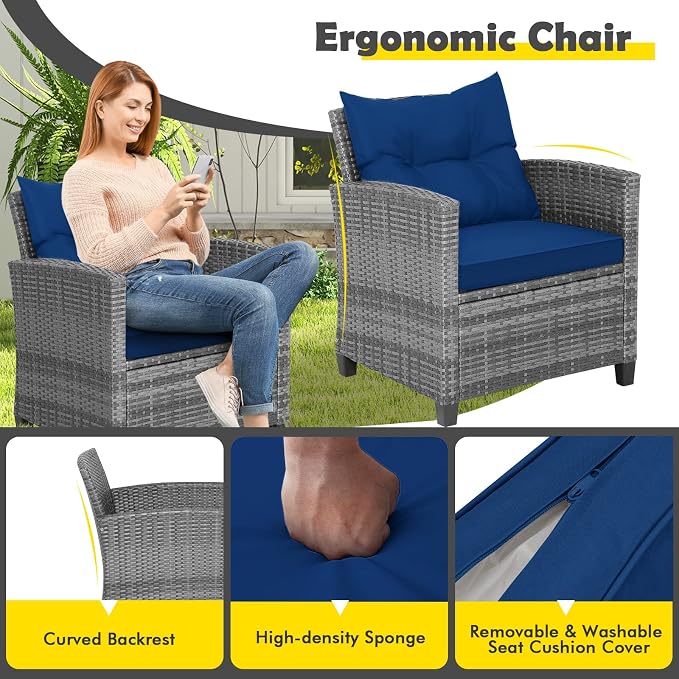 Patio Furniture Set, 3 Pcs Outdoor Wicker Conversation Set with Glass Coffee Table, Patio Chairs w/Washable Cushions, PE Rattan Outdoor Furniture Set for Porch Garden Backyard (Navy)